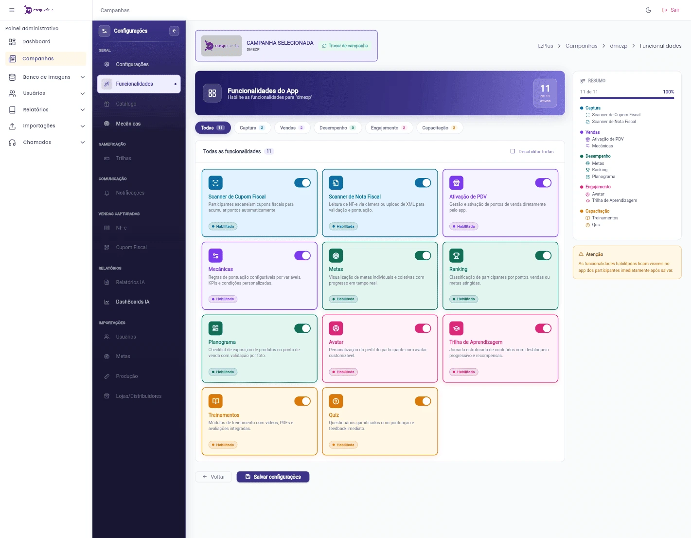 Configure as funcionalidades de cada campanha