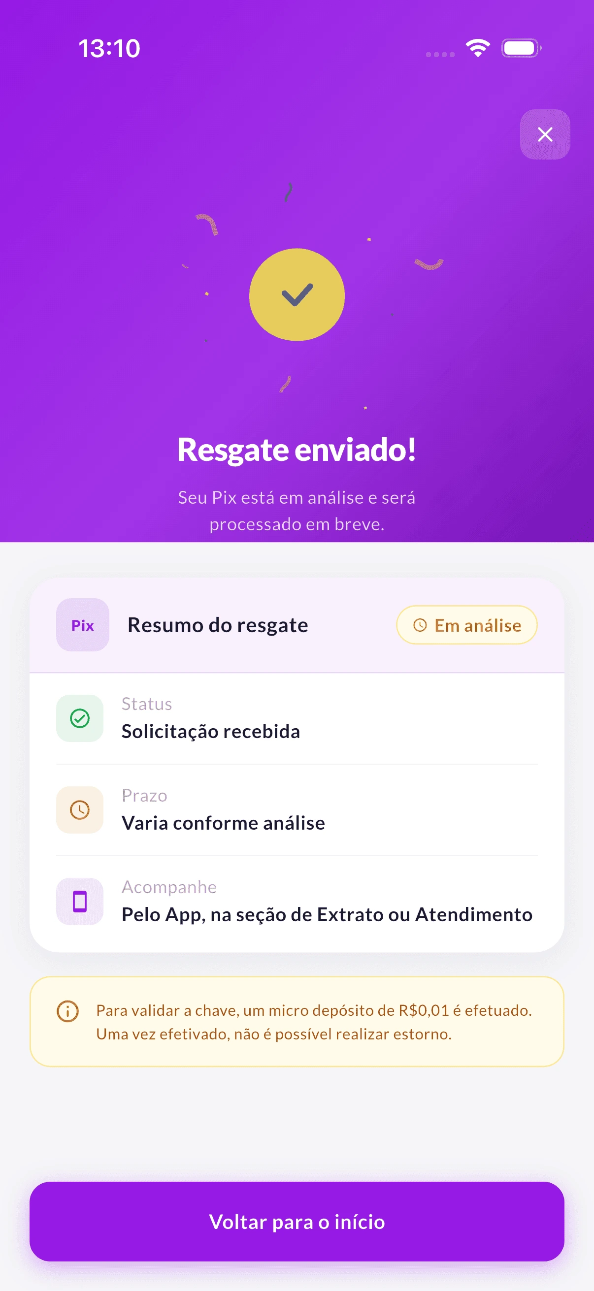 Resgate Pix CPF efetuado